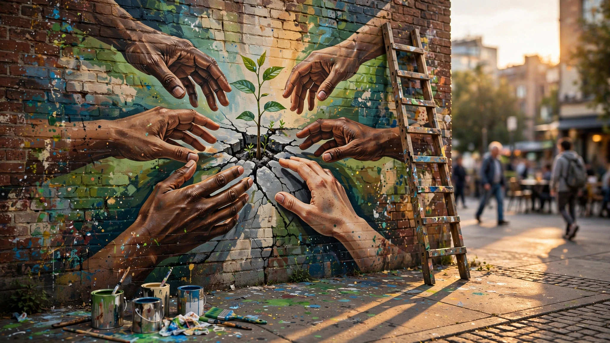 mural colorido en plaza publica con manos cuidando una planta
