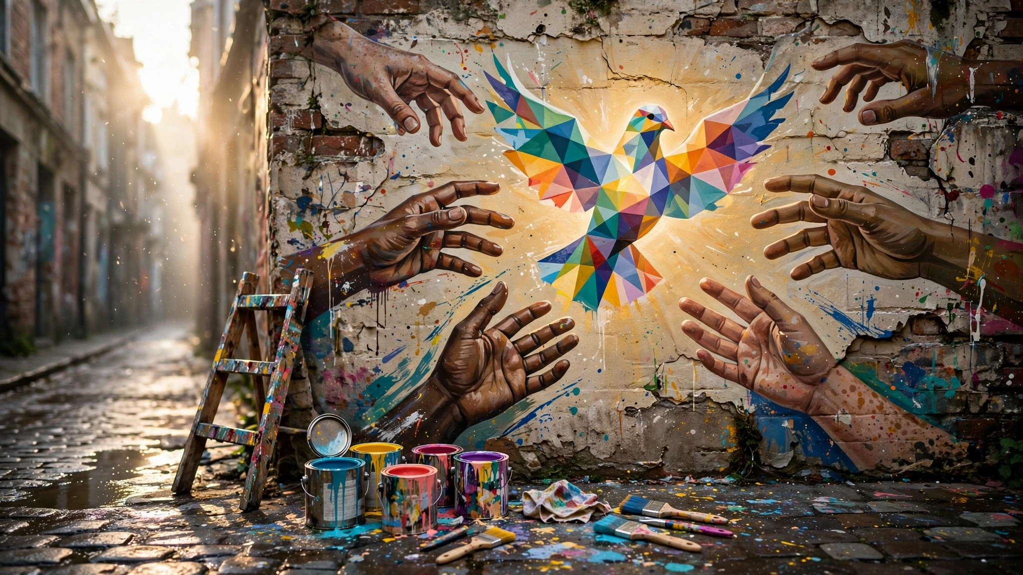 mural urbano colorido con una paloma y muchas manos