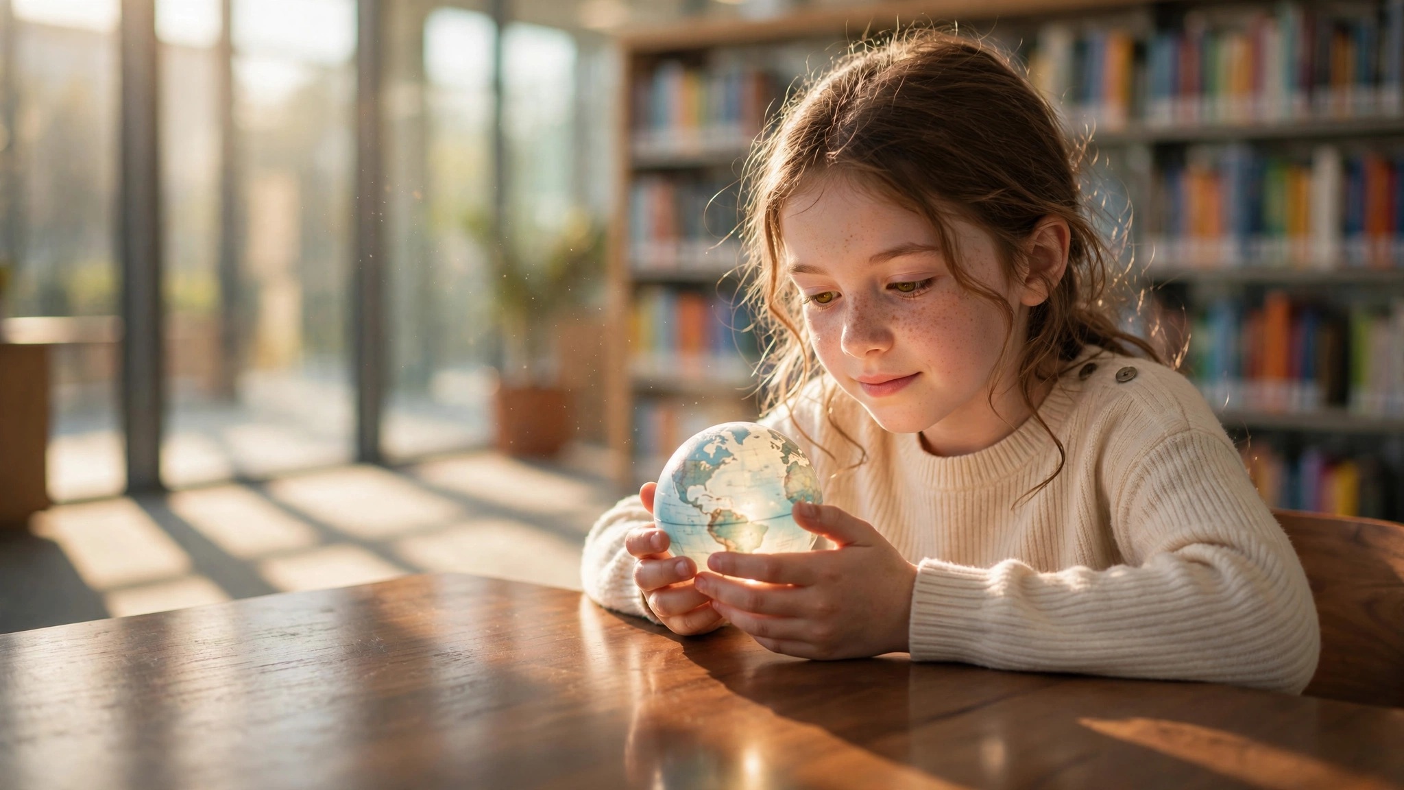 nina reflexiva sosteniendo un globo terraquio en una biblioteca