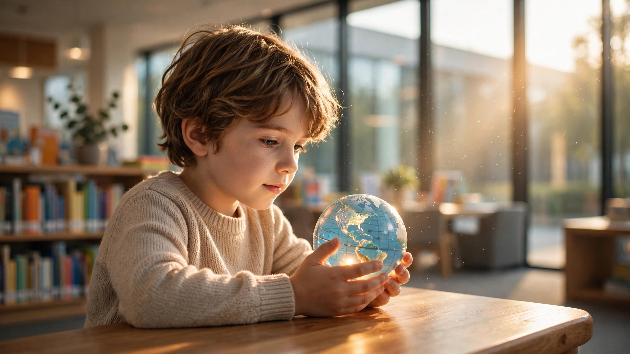 nino sentado en biblioteca iluminada sosteniendo un globo brillante