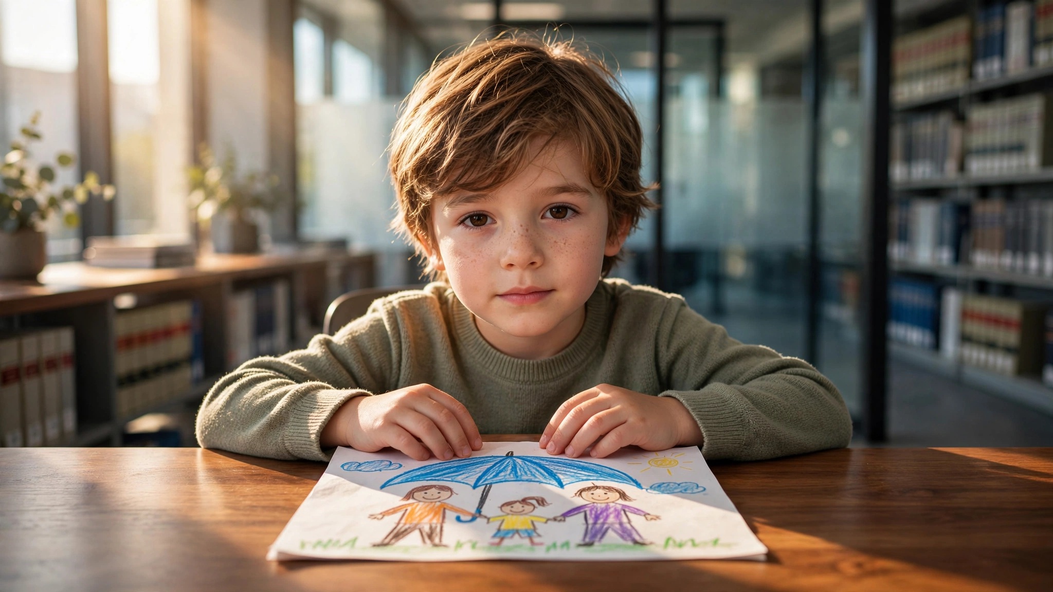 nino sentado en biblioteca juridica con dibujo familiar