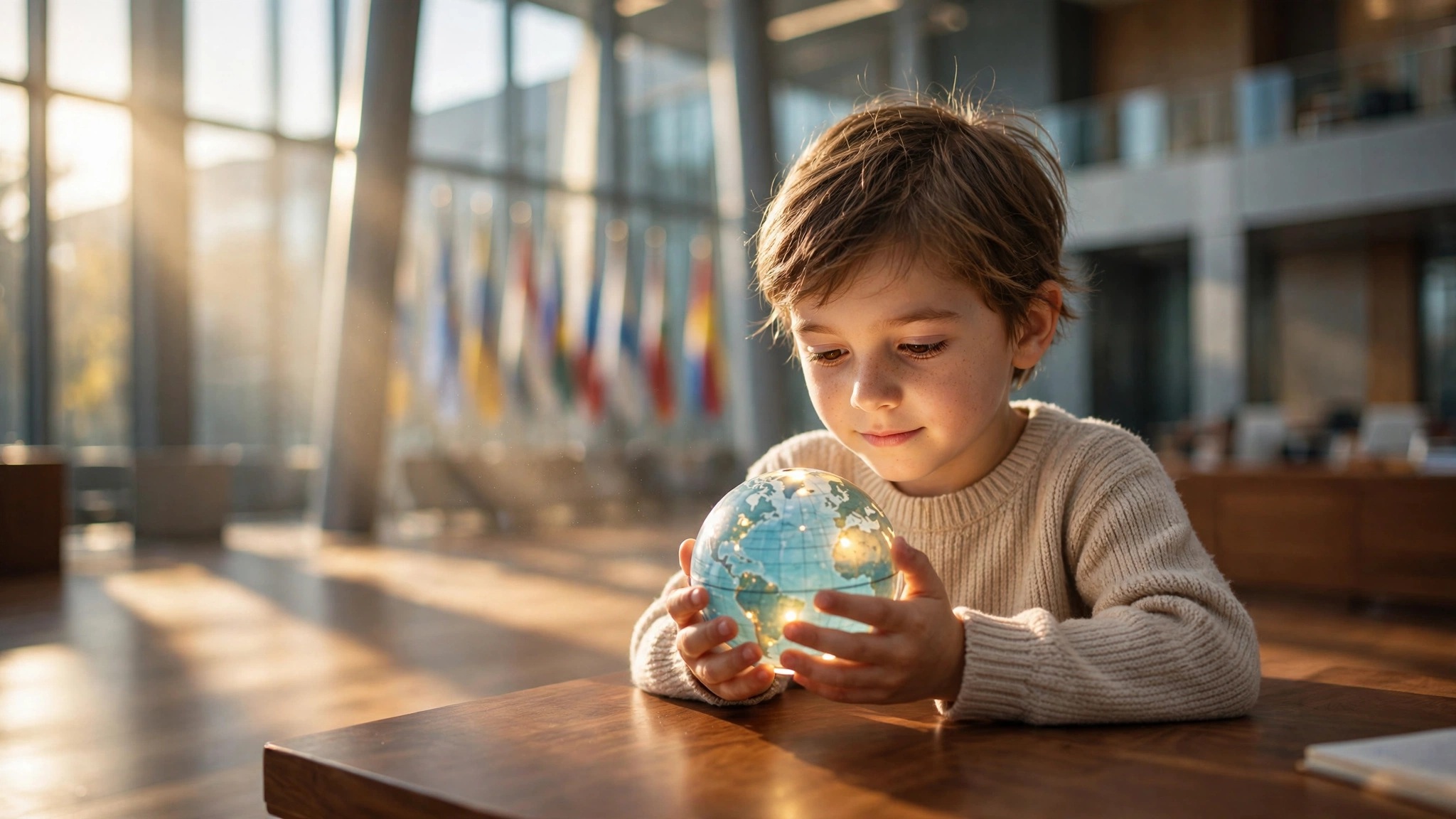 nino sentado en escritorio de madera sosteniendo globo brillante