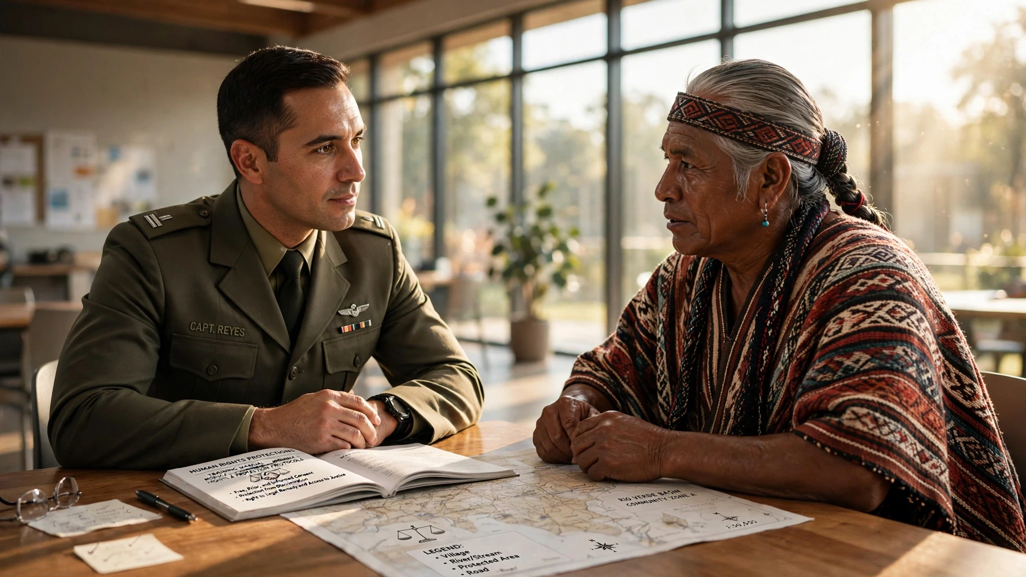 oficial militar y lider indigena dialogando en mesa