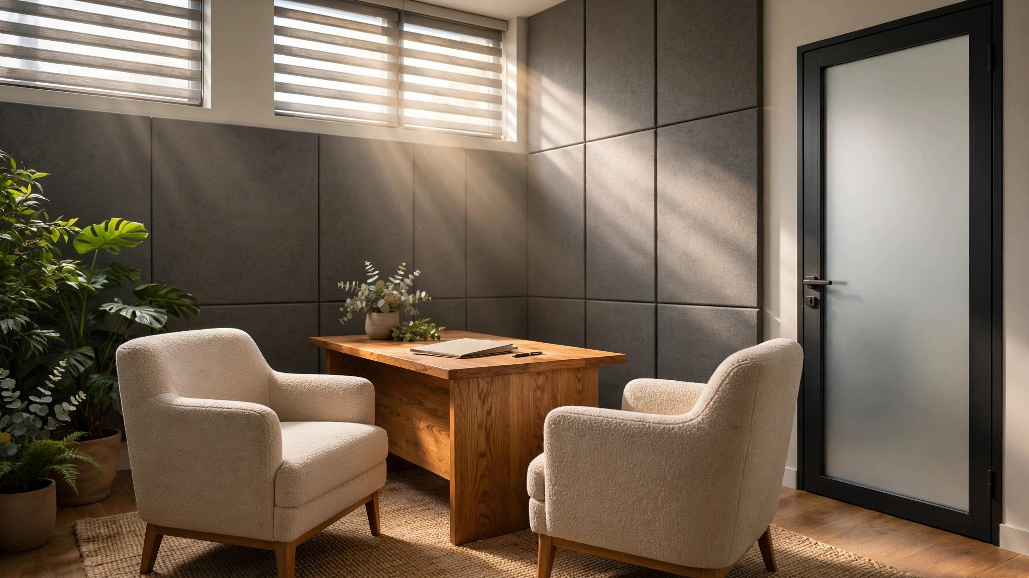 oficina privada iluminada con puerta opaca de cristal y escritorio