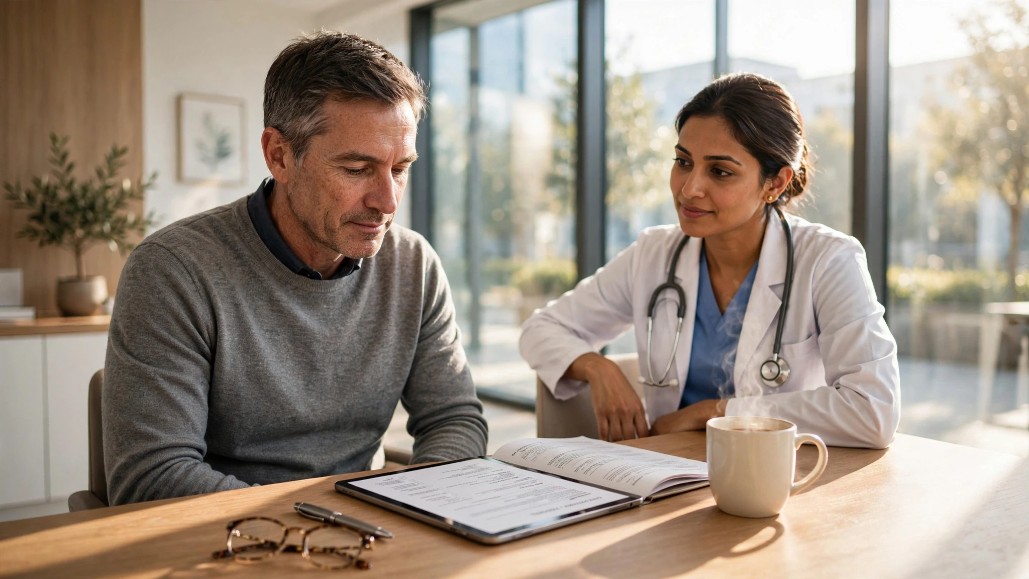 paciente revisa documento medico en tableta con doctor