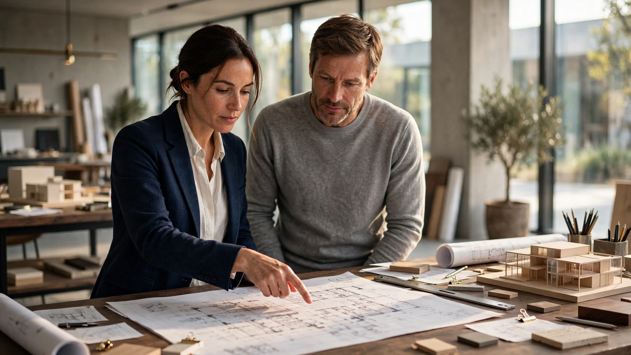 pareja de arquitectos revisando planos en un estudio luminoso