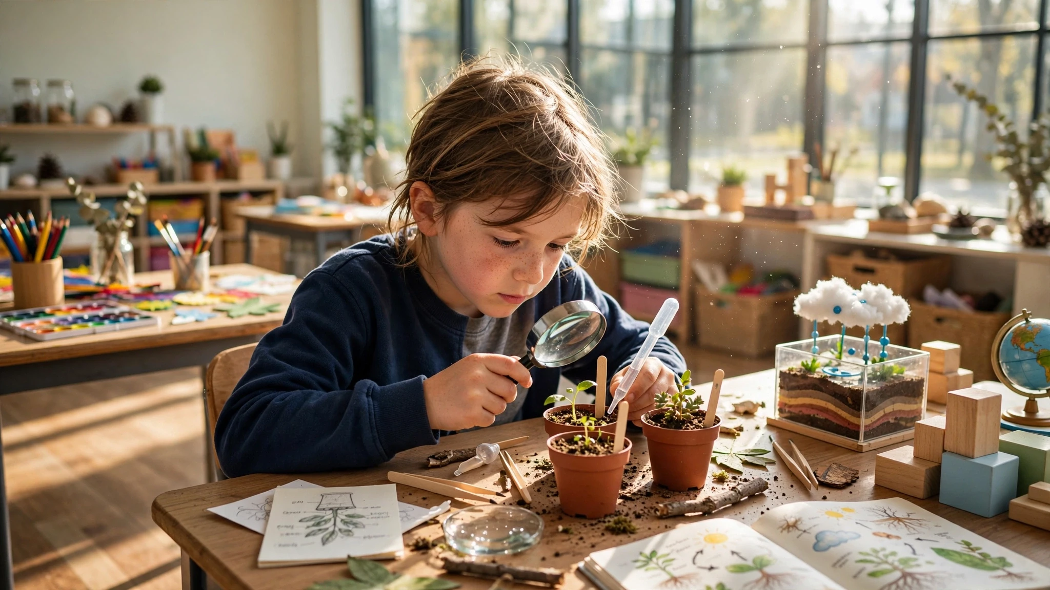 pequeno escolar investigando plantas con lupa en mesa soleada