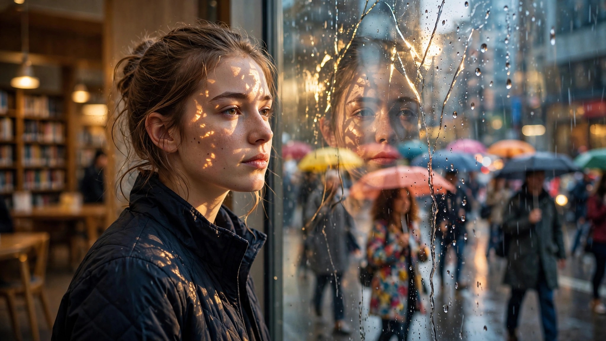 persona joven contemplativa junto a ventana en tarde de lluvia