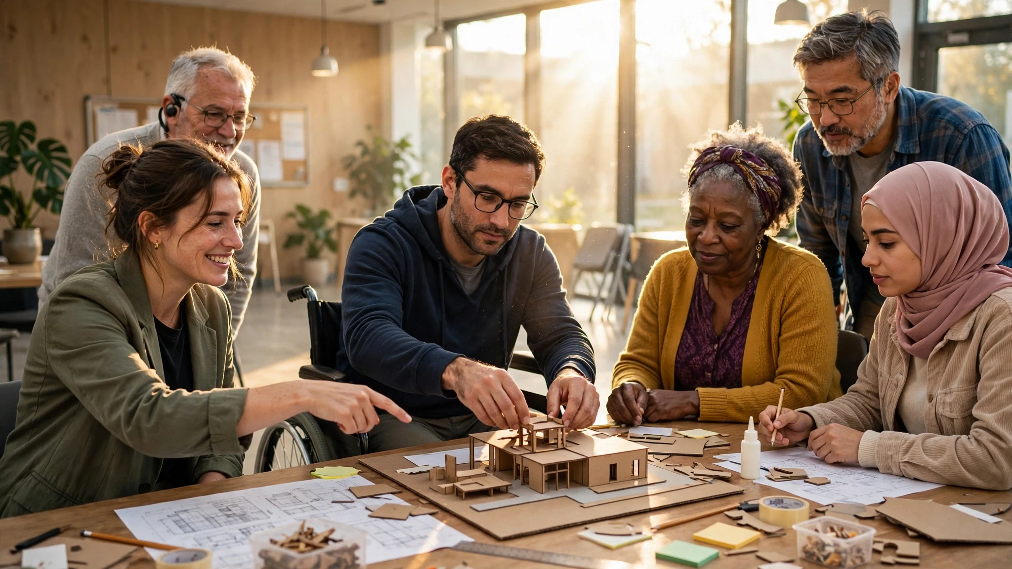 personas colaborando en un proyecto inclusivo sobre mesa grande