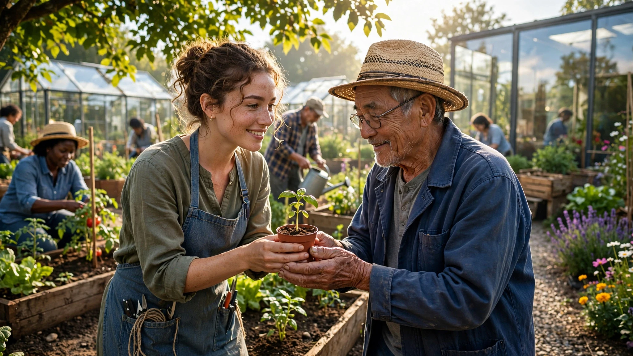 personas cuidando plantas en un huerto comunitario soleado
