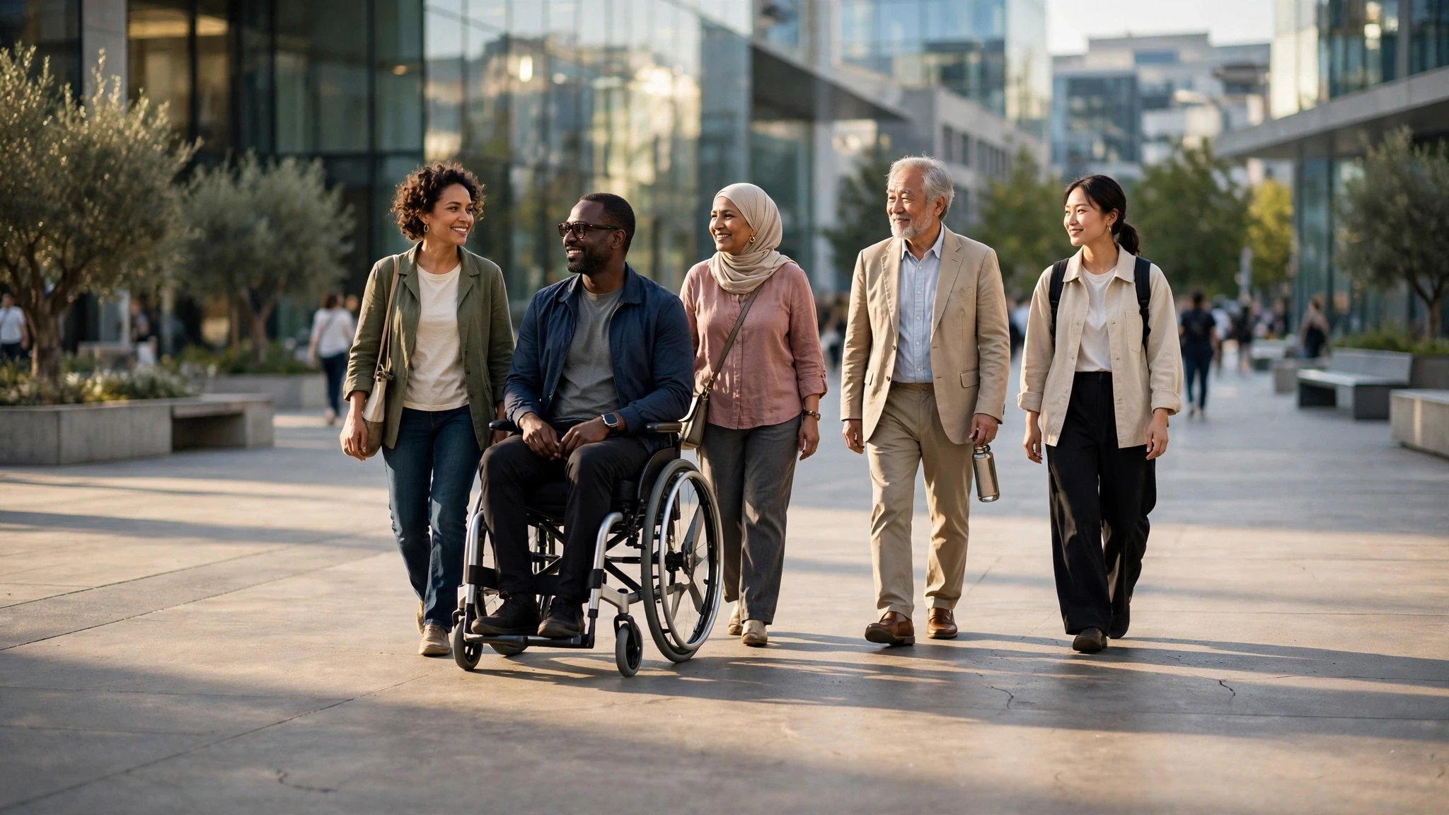 personas diversas caminando juntas en una plaza soleada e inclusiva