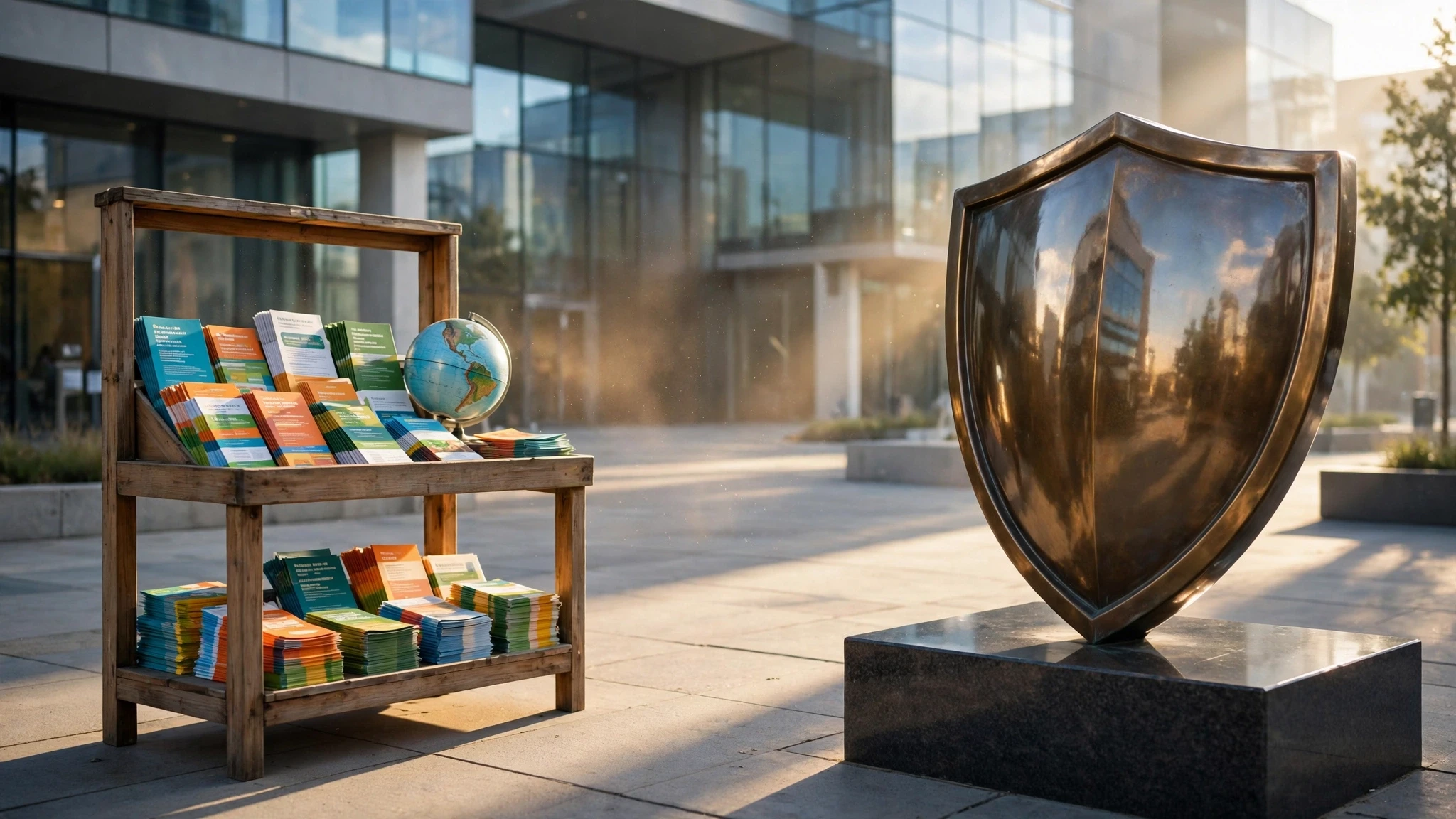 plaza soleada con puesto informativo y escultura de escudo