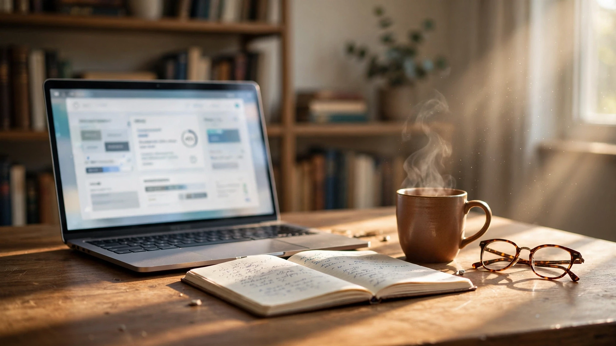 portatil abierto en escritorio luminoso junto a libreta y taza