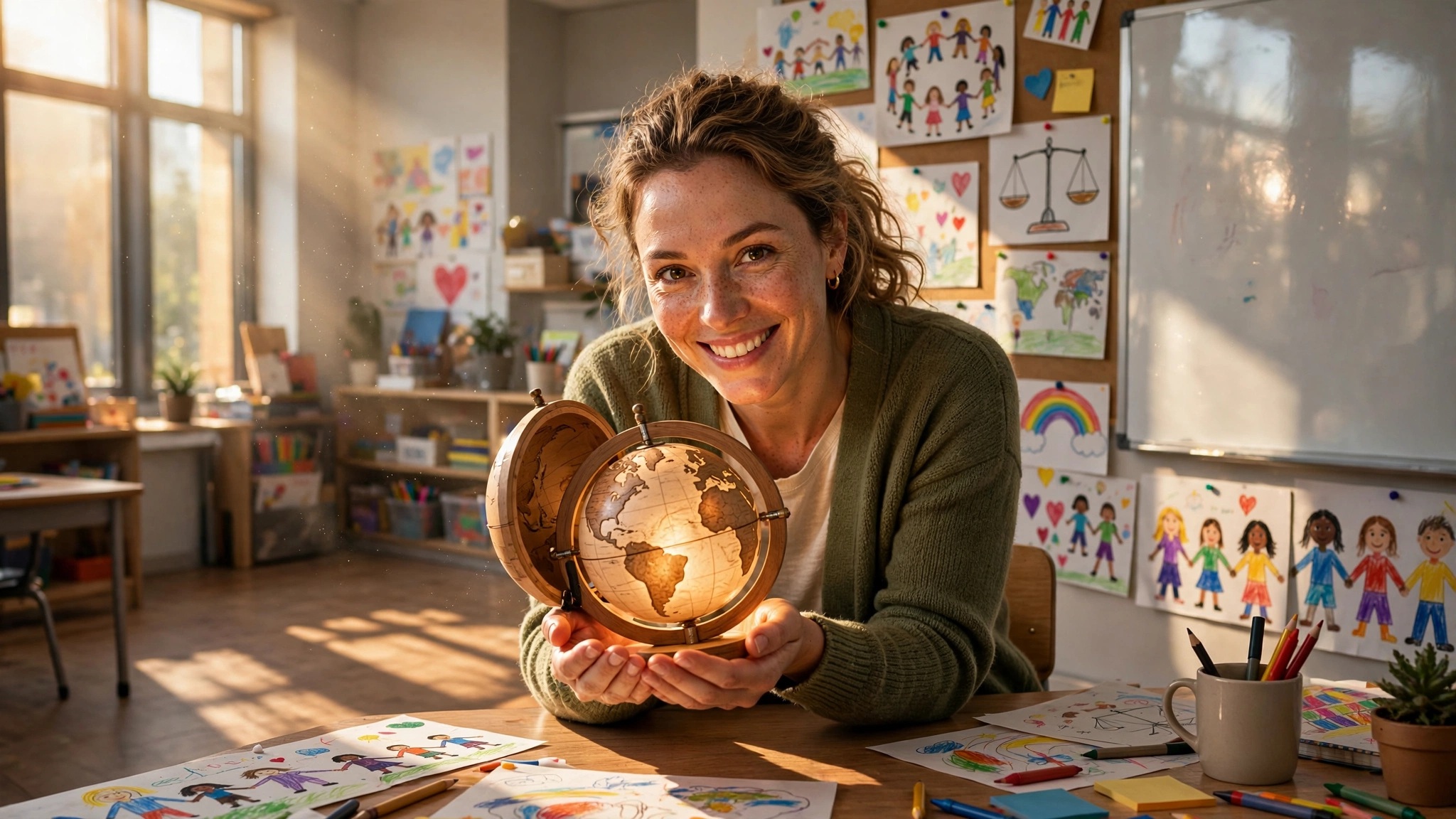 profesora de primaria sonriente sentada en un aula luminosa