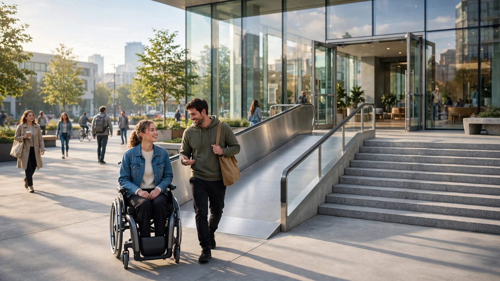 rampa accesible junto a escaleras en una plaza moderna