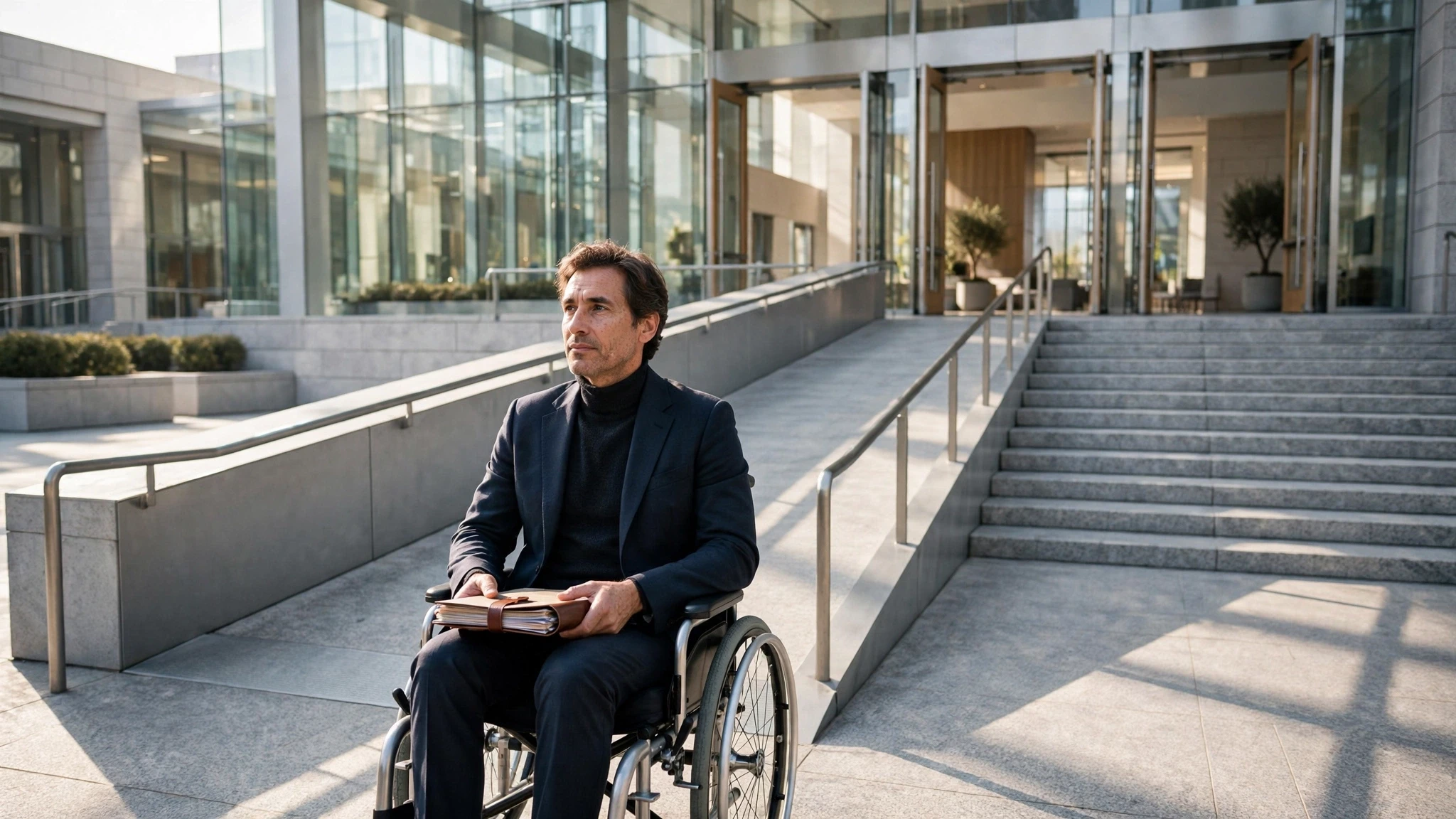 rampa de acceso accesible junto a escalinatas de juzgado moderno