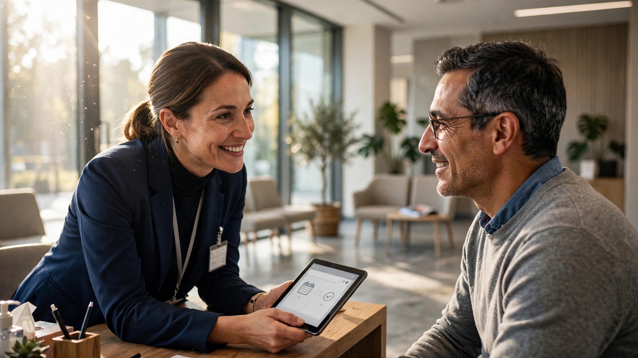 recepcionista atiende con amabilidad a paciente en clinica moderna