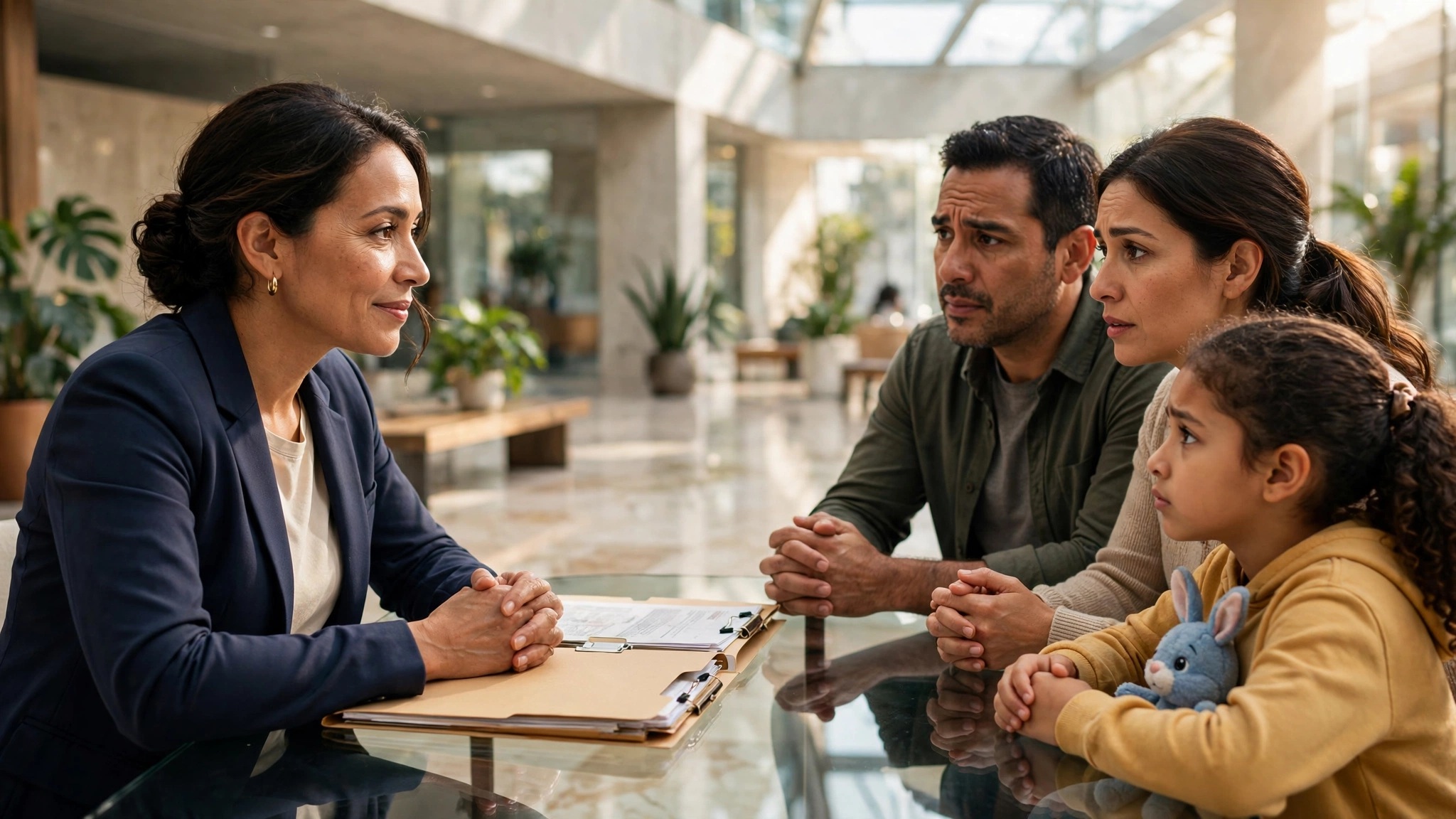 representante atiende con empatia a familia en espacio publico