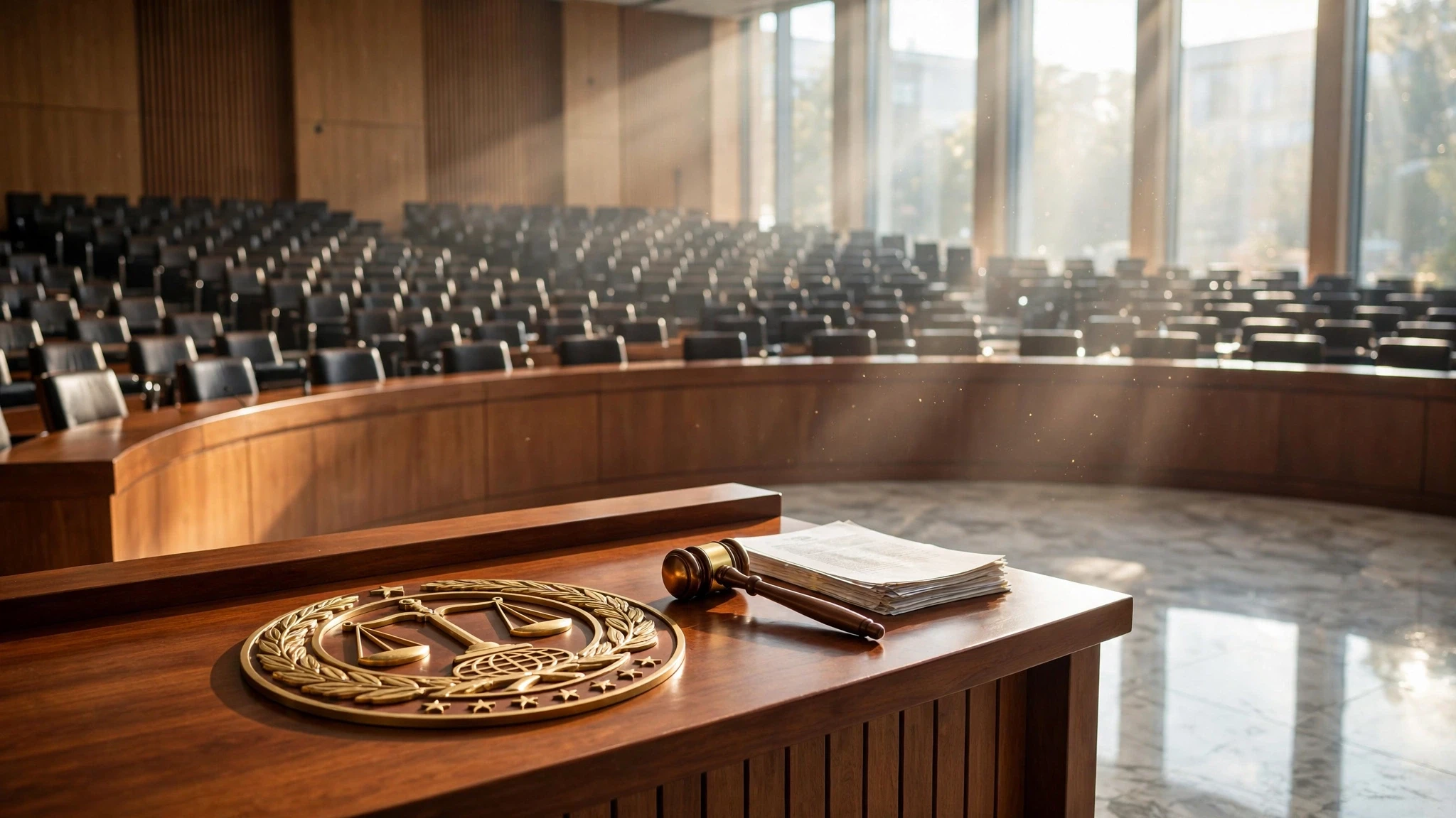 sala internacional con estrado de madera y mazo de metal