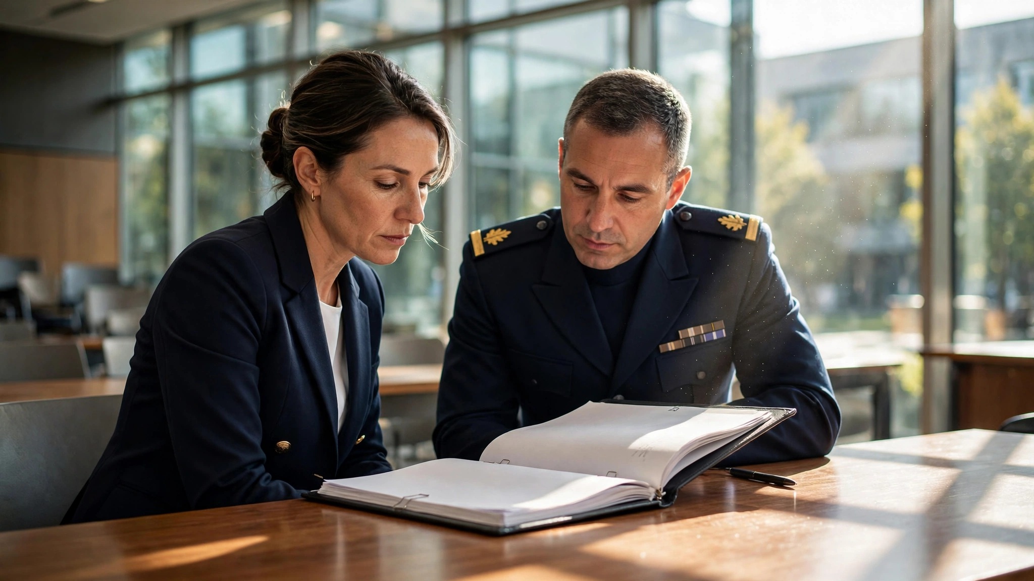 servidora publica y militar analizando documentos en una mesa