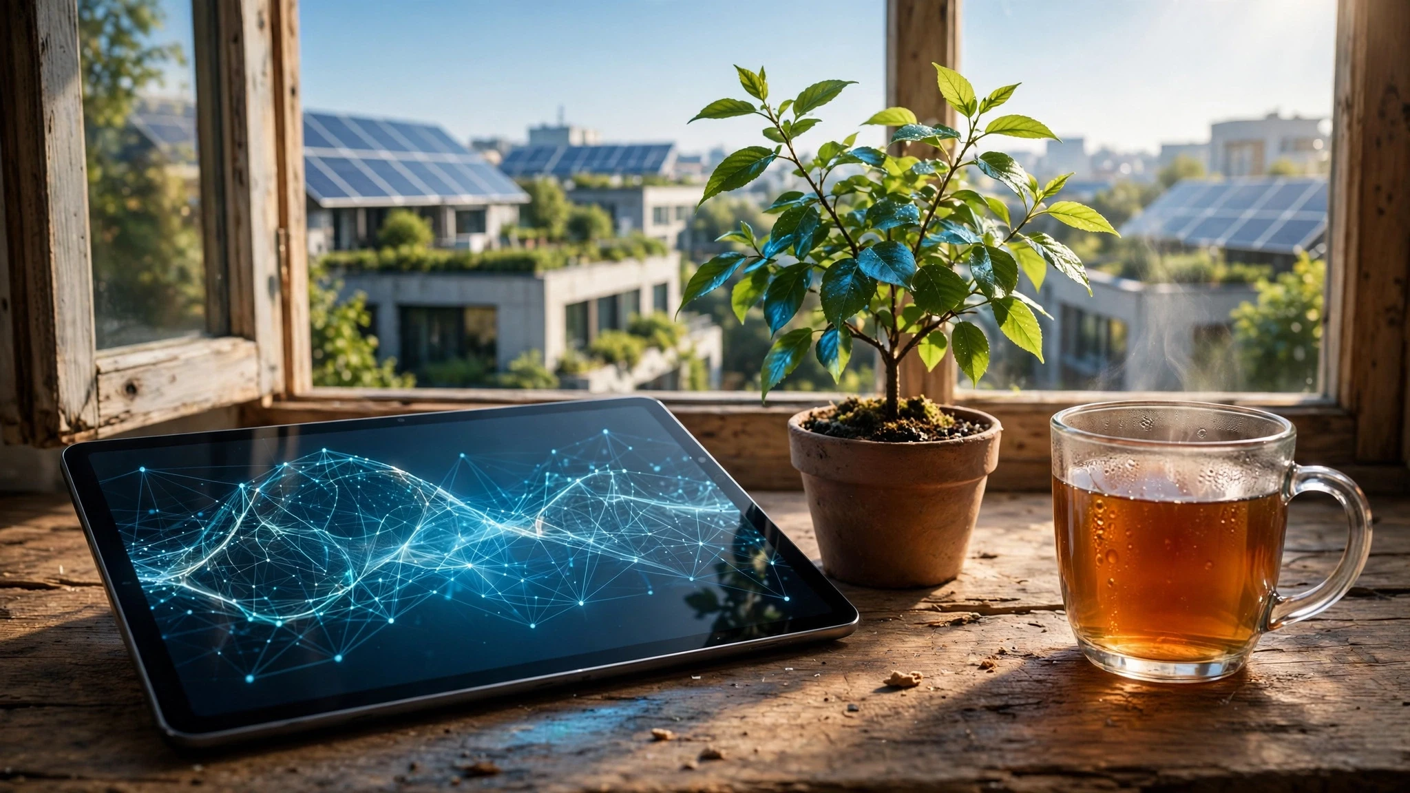 tableta digital y pequena planta sobre mesa de madera iluminada