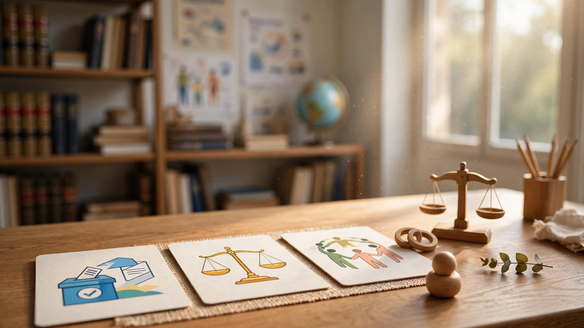 tarjetas ilustradas sobre derechos en mesa de madera iluminada