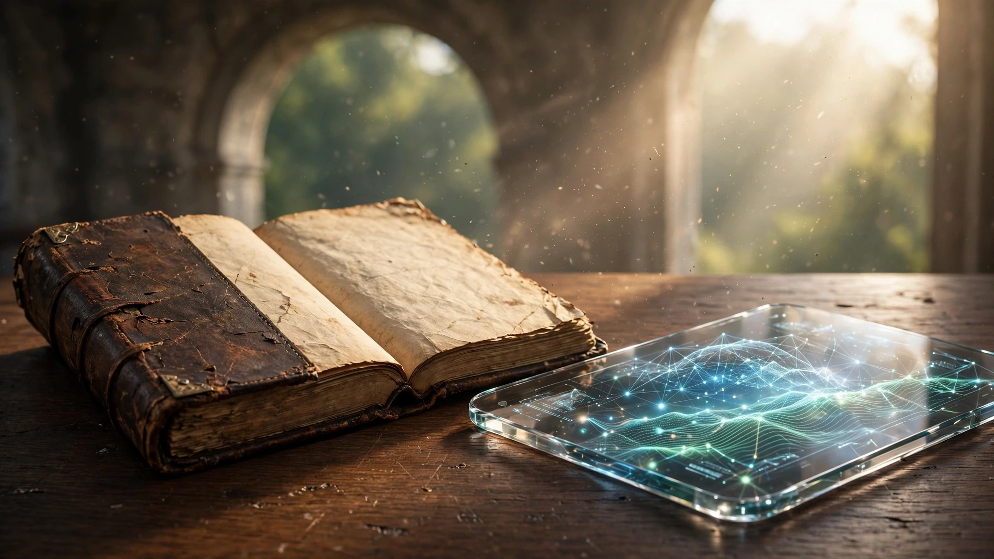 tomo juridico viejo y tableta moderna en escritorio iluminado