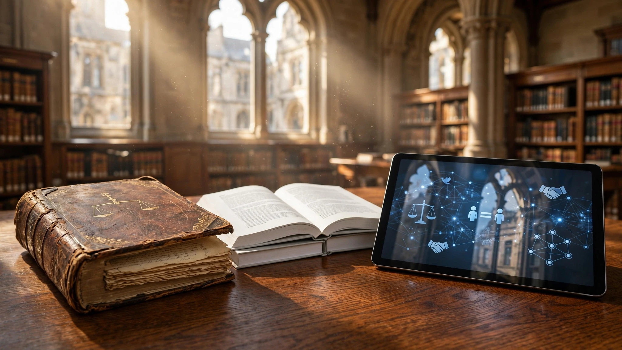 tomos legales antiguos y tableta digital sobre escritorio