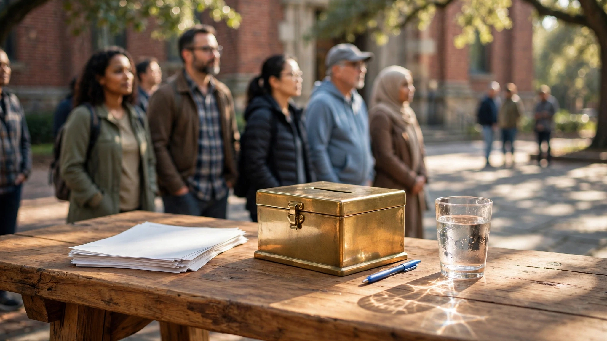 urna sobre mesa de madera y personas esperando afuera