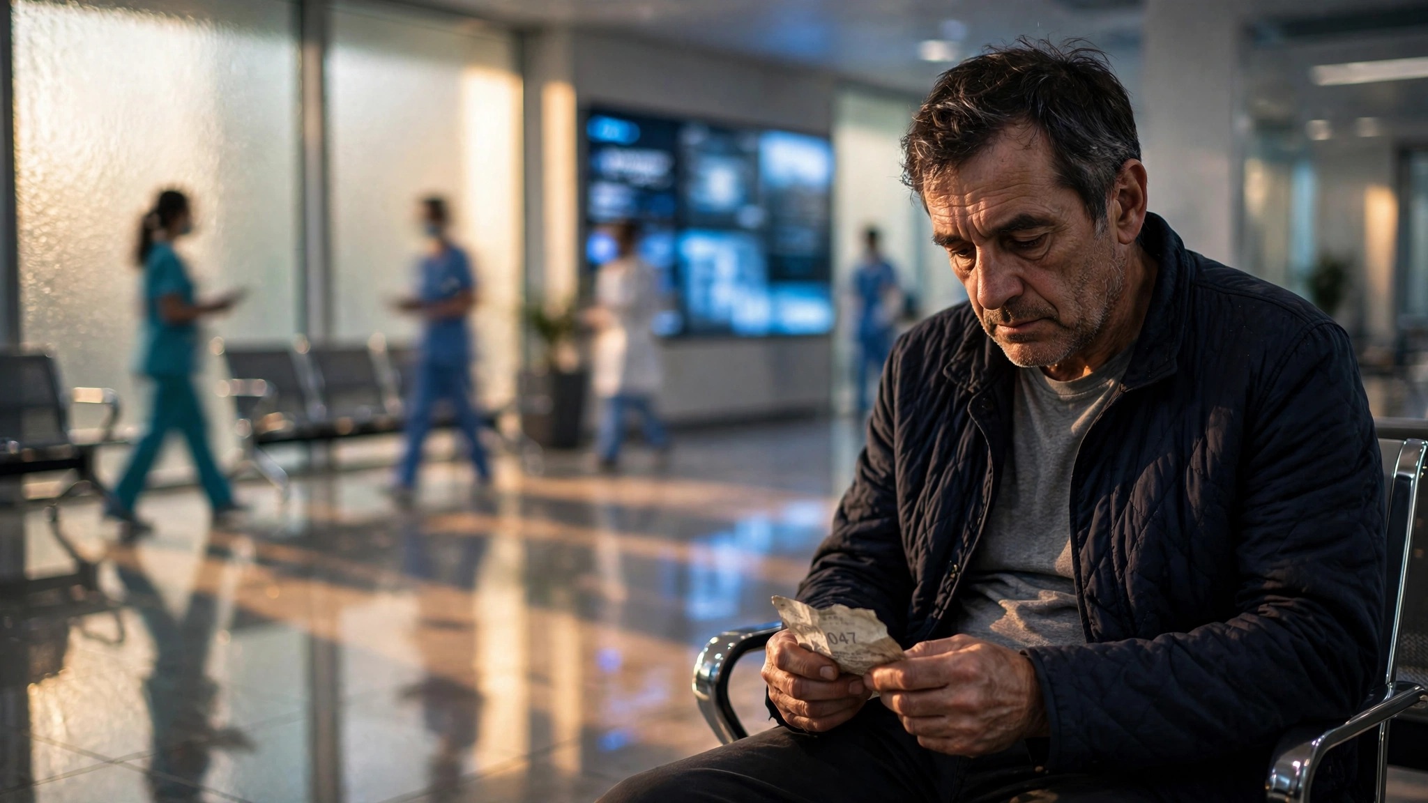varon adulto sentado aguarda su turno en sala de hospital