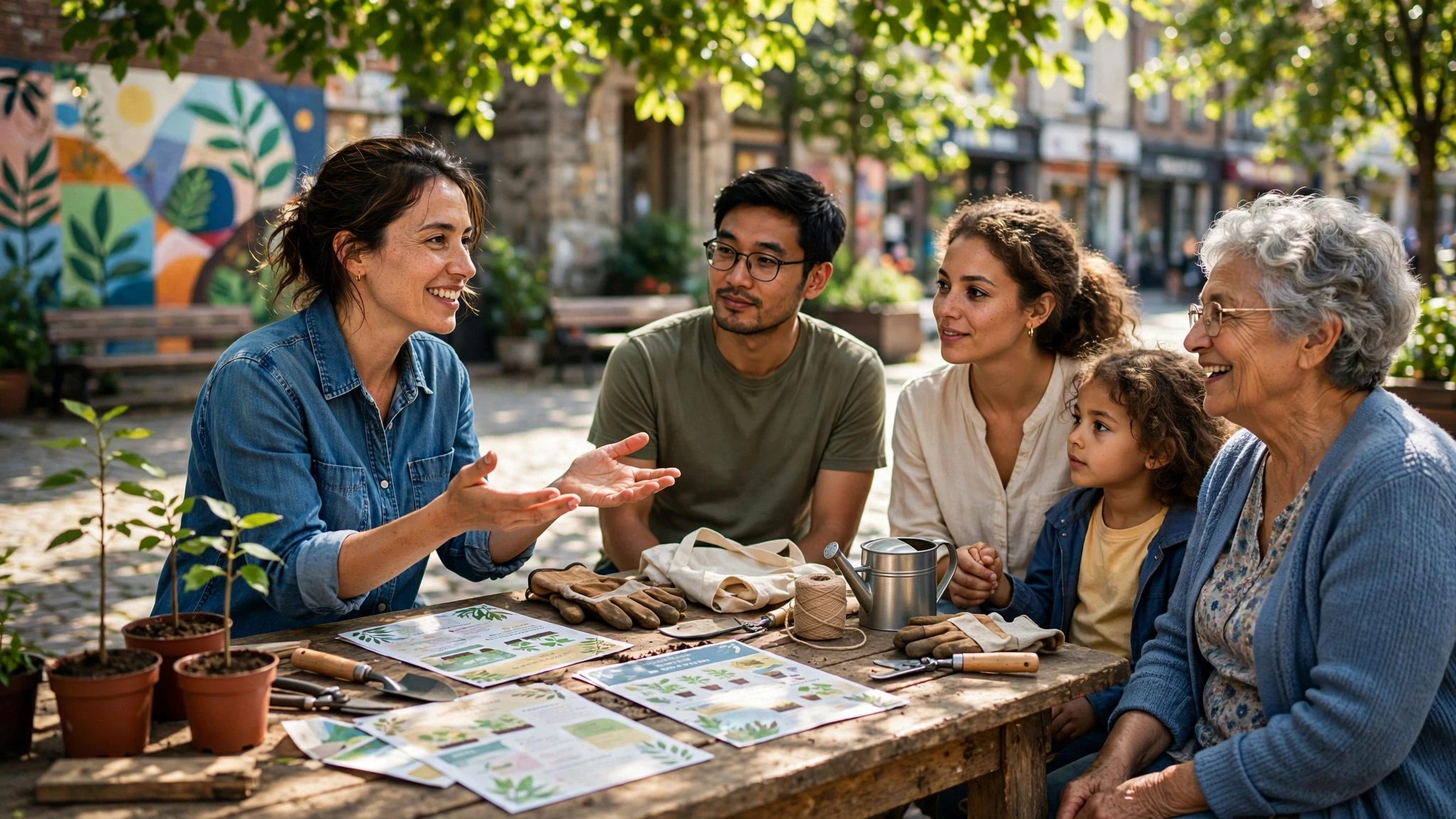 vecinos reunidos junto a una mesa en una plaza soleada